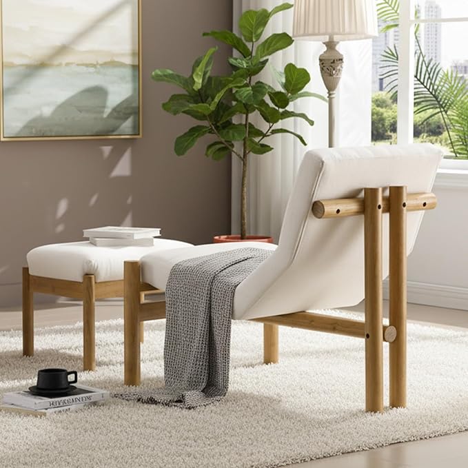 Accent Chair with Ottoman Living Room Chair Beige Linen Upholstered Lounge Chair with Footrest Set Modern Chair Cozy Reclining Chair for Reading Room Bedroom Beige