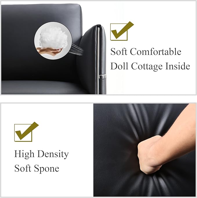 Accent Chair Loveseat Couch Sofa Upholstered Faux Leather Ergonomic Lumbar Support Cubic Waiting Room Reception Chair Modern Simplistic for Living Room Hotel Lobby Office Salon(Chrome Black Dual)