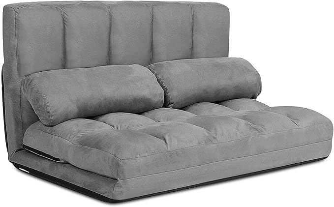 DORTALA Foldable Floor Sofa 6-Position Adjustable Lounge Couch with 2 Pillows &amp Suede Cloth Cover Modern Lounge Mattress Video Gaming Lazy Couch Floor Seating Sofa 71 x 44.5 Grey