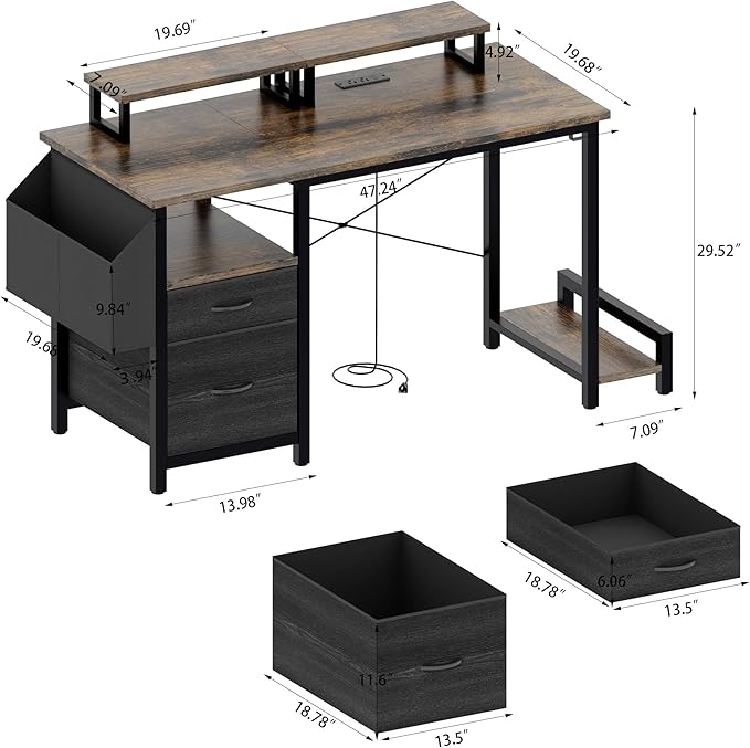 Home Office Desk with Side Pocket and Drawers Modern Computer Desk for Small Space Bedroom 47 Inch Gaming Desk with Power Outlet &amp 2 Movable Monitor Shelves (Rustic Brown)
