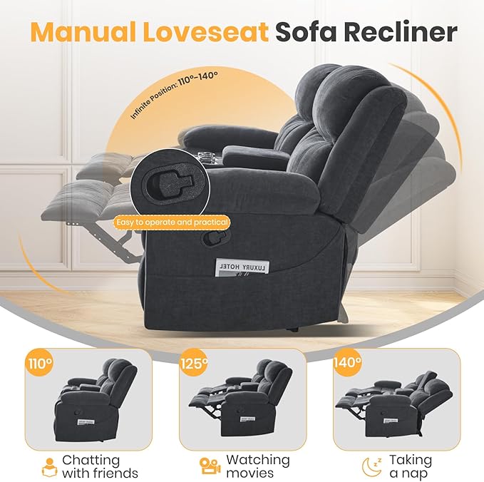 Loveseat Recliner Sofa with Massage &amp Heating Reclining Loveseat with Console RV Wall Hugger Double Loveseat Recliner Couch for Living Room &amp Home Theater (Chenille-Grey)