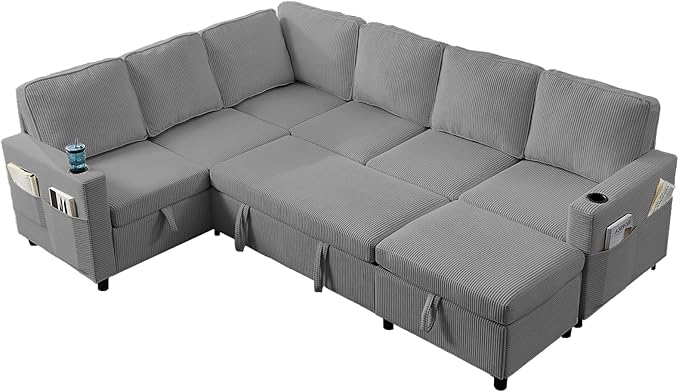 PUREMIND 100 Sectional Sleeper Sofa with Pull Out Bed U Shaped Modular Sectional Sofa with Storage Chaise Corduroy Cloud Sofa Bed with Cup Holders for Living Room Bedroom Apartment Grey