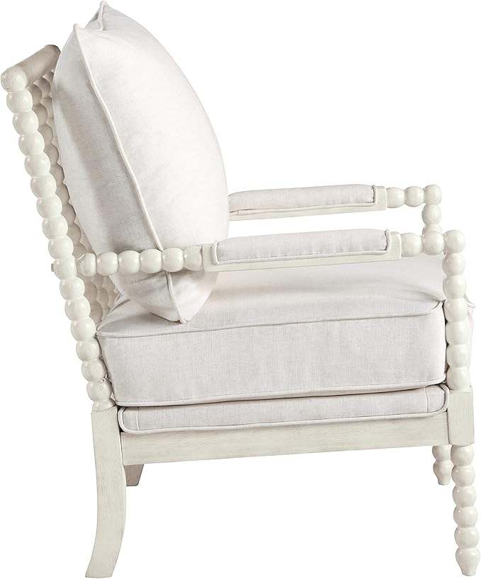OSP Home Furnishings Kaylee Spindle Accent Chair with Antique White Wood Frame White Linen Fabric