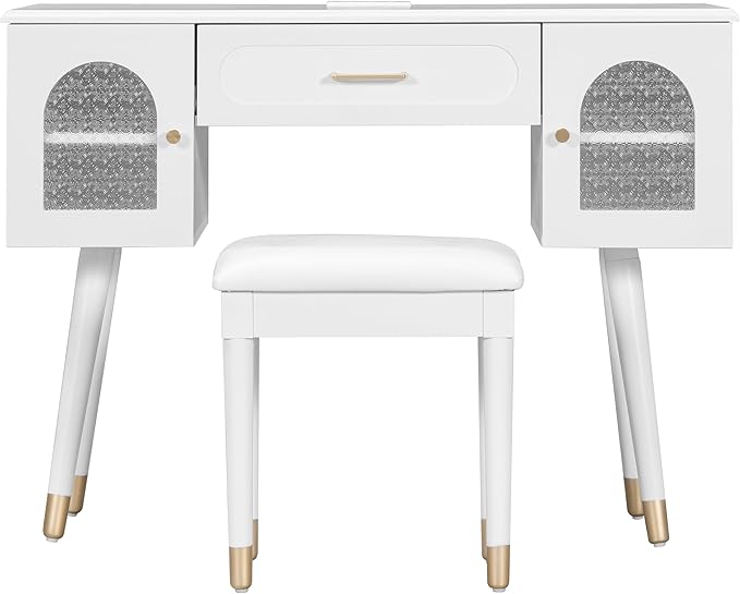 Merax Modern Desk Computer Desk with Stool Elegant Frosted Glass Doors Writing Desk with 1 Compartment Storage Drawer &amp 2 Cabinets &amp Charging Port for Home Office White