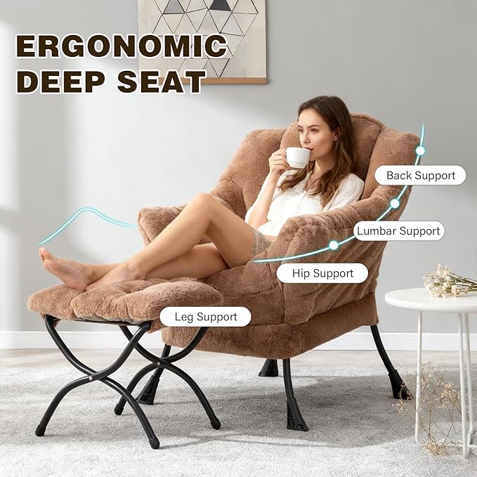 Lazy Chair with Ottoman Modern Accent Chair Lounge Leisure Sofa Chair with Armrests Reading Chair and Folding Footstool for Living Room Bedroom Office Plush Brown