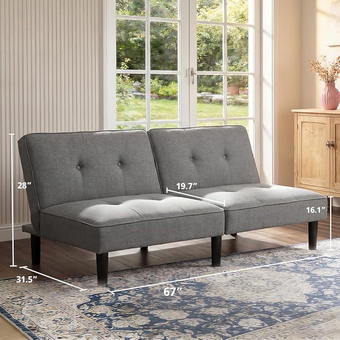 COMHOMA 67″Futon Sofa BedModern Convertible Sleeper Sofa Fabric Futon Couch with Multi-Position Backrest for Living Room Furniture (Light Grey)