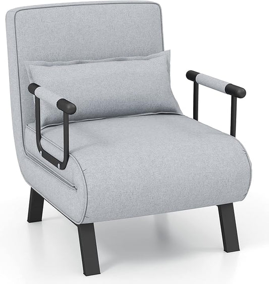 Giantex Convertible Sofa Bed 4-in-1 Sleeper Chair with Pillow Modern Recliner Guest Bed with 6 Positions Adjustable Backrest Metal Legs Linen Fabric Armchairs for Nursery Living Room Office (Gray)