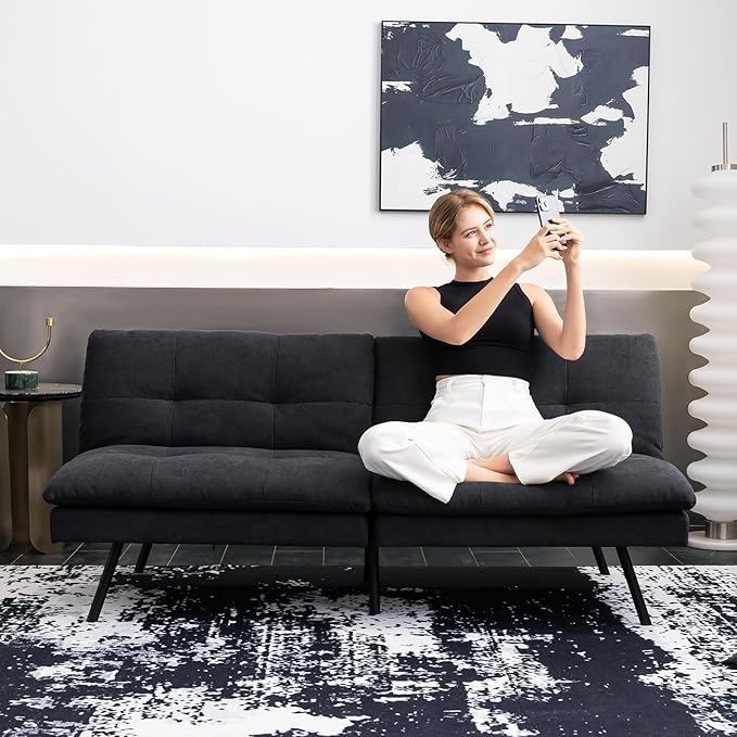 Hcore Polyester Memory Foam Convertible Futon Sofa Bed Small Splitback Loveseat 68 L x 32.3 W x 30.7 H Black
