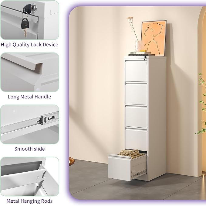 5 Drawer Small Metal Vertical File Cabinet with Lock Under Desk Locking Drawers Storage Cabinets Organizer for HomeOffice Filing Cabinets for A4 Legal/Letter SizeWhite