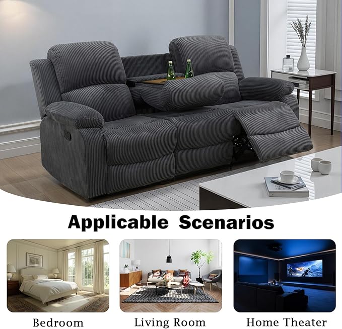 Fabric Recliner SofaReclining Sofa for Living Room Furniture SetsDark Gray Wall Hugger Recliner Couch with Hidden Table/Cup Holders for Living Room/Theater Seating(3 Seater Sofa)