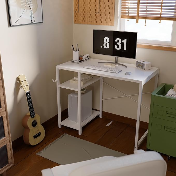 Pamray 32 Inch Small Computer Desk with Shelves Home Office Desk with Headphone Hook for Bedroom Study Writing PC Table for Small Spaces White