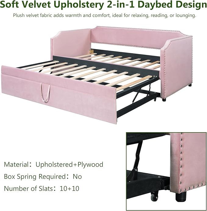 Flieks Twin Size Velvet Upholstered Daybed with Pop-Up Trundle 2-in-1 Convertible Sofa Bed for Small Space Modern Daybed for Guest/Kids Room in Pink (Mattress Not Included)
