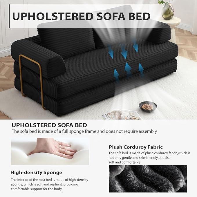 Convertible Folding Sofa Bed Modern Futon Sleeper Sofa Fold Out Couch Bed with Gold Fixed Frame Modular Floor Sofas Comfy Corduroy Boneless Couches for Living Room (80 Black)