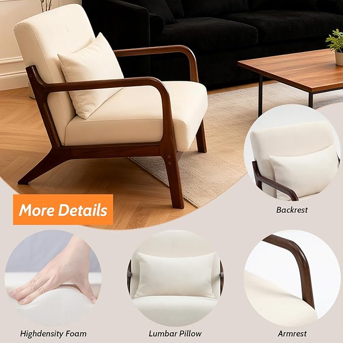 Modern Accent Chair Cotton Linen Fabric Upholstered Lounge Armchair with Solid Wood Frame for Living Room Bedroom Reading Nook (White-Dark Brown armrest)