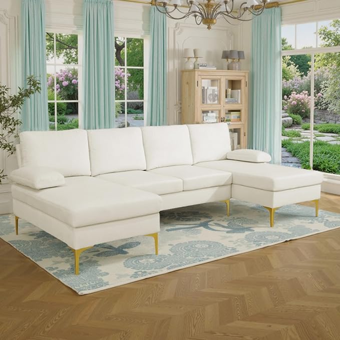 99.5 Modular Sectional Sofa U Shaped Sectional Comfy Couch for Living Room Convertible Modular Sofa Couch with Two Chaises High Supportive &amp Soft Sponge White