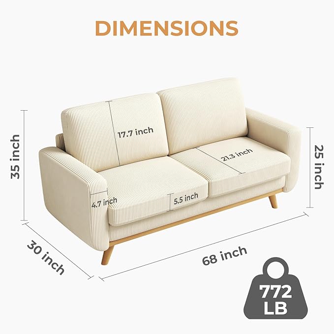 Vesgantti 68 Loveseat Sofa Beige Comfy Corduroy Couch with Spring Cushion Modern Sofa with Deep Seat for Bedroom &amp Living Room