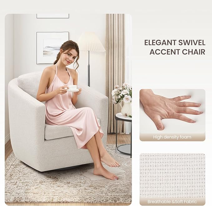 COLAMY 360° Swivel Accent Chair No-Sag Foam &amp Sturdy Metal Base Fully Assembled Living Room Armchair with Pillow Swivel Accent Single Sofa for Bedroom Living Room Reading Room Beige