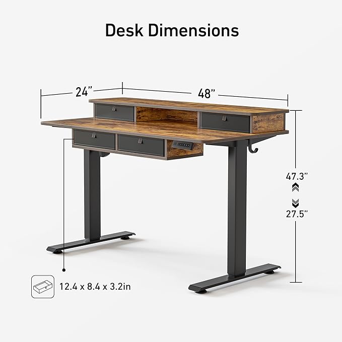 FEZIBO 48'' x 24'' Electric Standing Desk Adjustable Height with 4 Drawers Home Office Stand Up Table with 4 Height-Adjustable Feets &amp 2 HooksRustic Brown Top