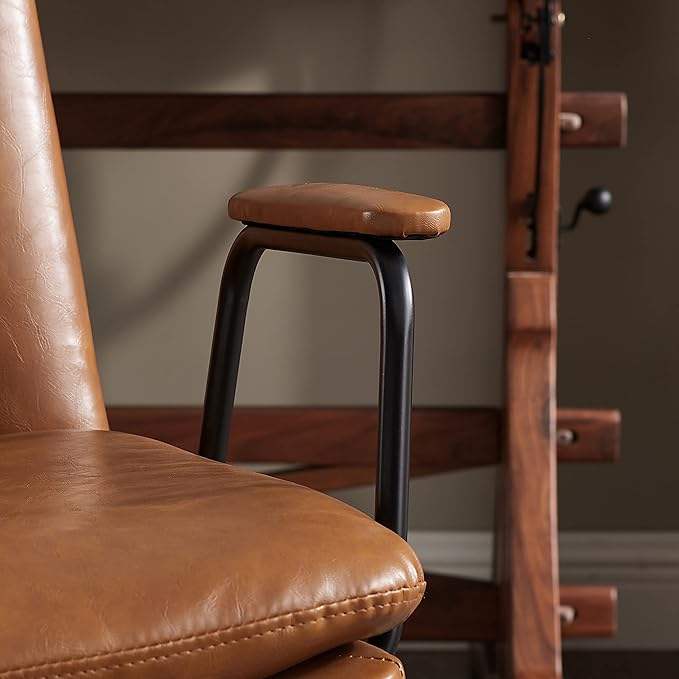 Art Leon Desk Chair No Wheels Set of 2 Mid Century Modern Swivel Chair with Oak Wood Legs Faux Leather Home Office Desk Chairs for Bedroom Living Room Yellow Brown