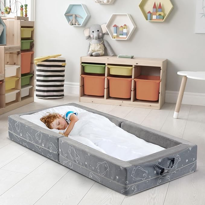 Portable Toddler Travel Bed – Foldable Soft Foam Floor Crib with Washable Cover Built-in Safety Rails No Assembly Compact for Travel &amp Home Use Grey