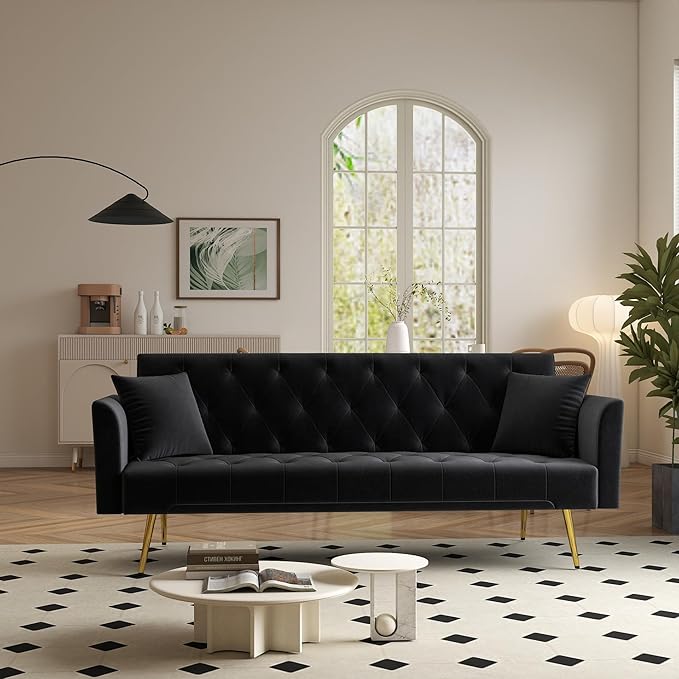 KEIKI 72 2Seat Velvet Sofa Couch for Urban Loft Home Office Style Conscious Urban Professionals Cozy Warm Perfect for Entertaining Relaxation Classic Refined Premium Design Black