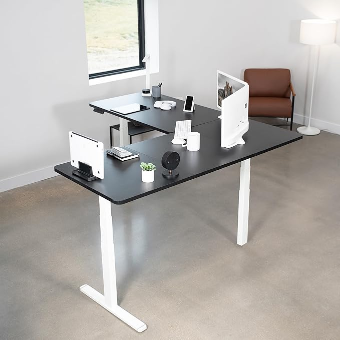 VIVO Electric Height Adjustable 77 x 71 inch Corner Stand Up Desk 2 Black 30 inch Deep Table Tops White Frame Memory Controller L-Shaped Workstation 3E Series DESK-KIT-3E7WB