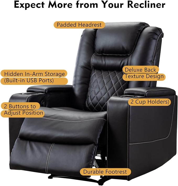 CANMOV Electric Power Recliner Chair with USB Ports and Cup Holders Breathable Leather Home Theater Seating with Hidden Arm Storage (Black)