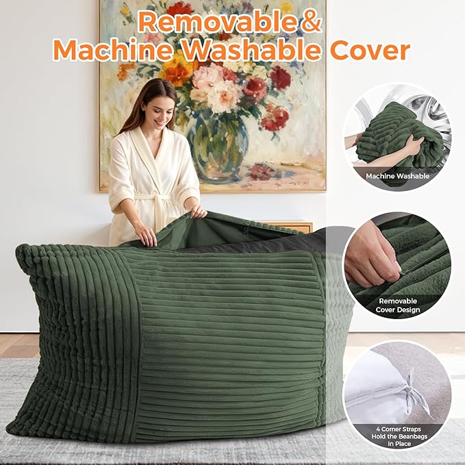 3 in 1 Giant Bean Bag Chair Convertible Bean Bag Bed for Adults and Kids Oversized Comfy Memory Foam Floor Sofa with Machine Washable Cover for Living Room Bedroom &amp Dorm(Green)