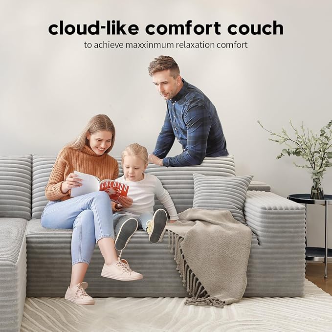 107.5 Cloud Modular Sectional Couch with 1 OttomanModern Minimalist Upholstered Couches Comfort U Shaped Sofa for Living RoomDeep Seat Corner CouchNo Assembly Required (GreyLeft Facing Chaise)