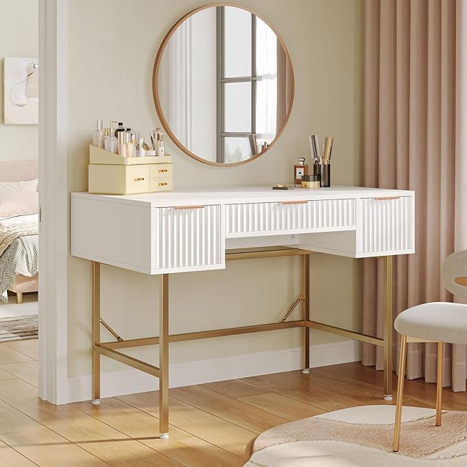 Bestier 47.6 Inch Fluted Computer Writing Desk with Drawers for Home Office White and Gold Vanity Desk Modern Simple Makeup Desk for Bedroom