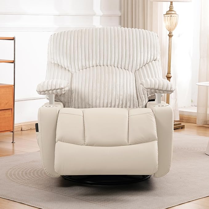 GRAINELL Rocking Chair Nursery Electric Swivel Recliner Glider with Adjustable Armrests Nursing Chair with USB Charger Cup &amp Blanket Holders Beige Corduroy &amp PU Leather