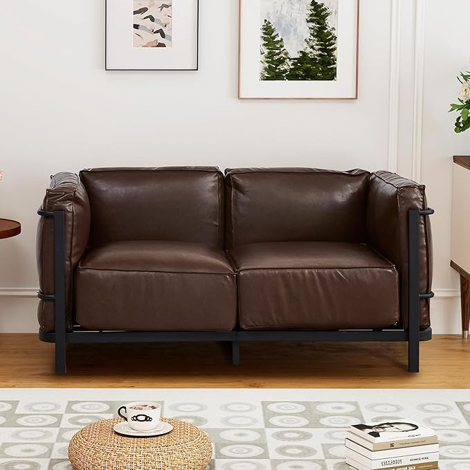 Minimalist Style 3 Seater Sofa Mid-Century Modern Faux Leather Sofa Couch with Fixed-Shape Iron Frame Upholstered Couch Chair for Living Room Office Apartment (Brown Loveseat Sofa)