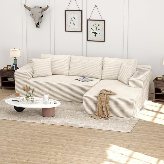 OC Orange-Casual 106.3 Cloud Sectional Couch with L-Shape Chaise No Assembly Required Modular Sofa Upholstered Boneless Couches for Living Room Plush Corduroy Fabric (White Right Facing Chaise)