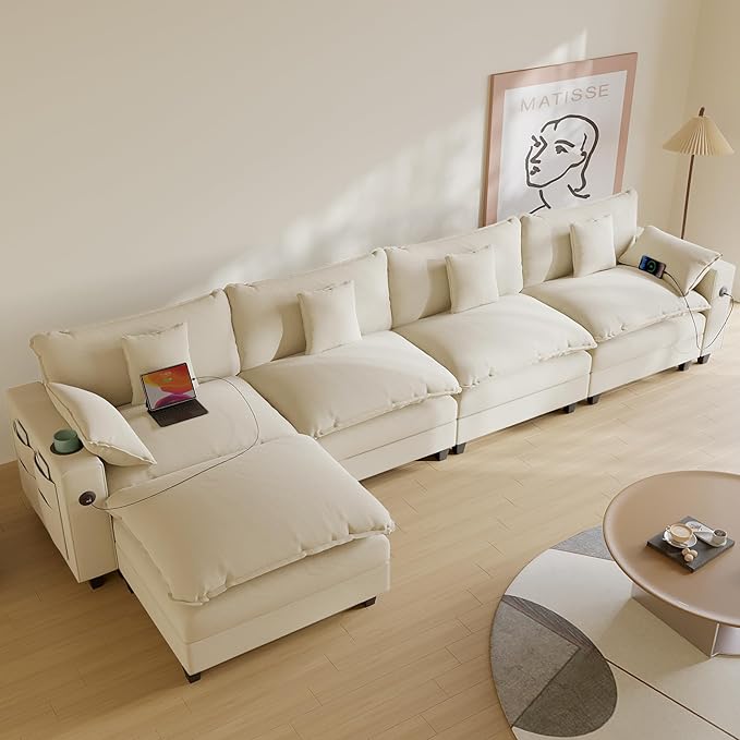 152 L Shaped Sectional Couch Chenille Sectional Couches for Living Room Modular Cloud Couch with Movable Ottoman Modern Cloud Sofa with Charging Station Cup Holder Side Pocket Beige