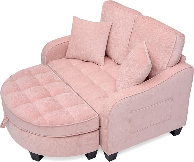 ERYE Chenille Tufted Loveseat Sofa and Ottoman Set Tufted Recliner Sleeper Chaise Lounge with Curved Storage OttomanReclining Backrest and Side Pockets 4 Pillows