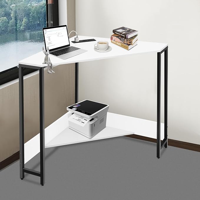 Corner Small Desk with Outlets Triangle Desk with Storage for Small Space Home Office Workstation Living Room Bedroom (White)