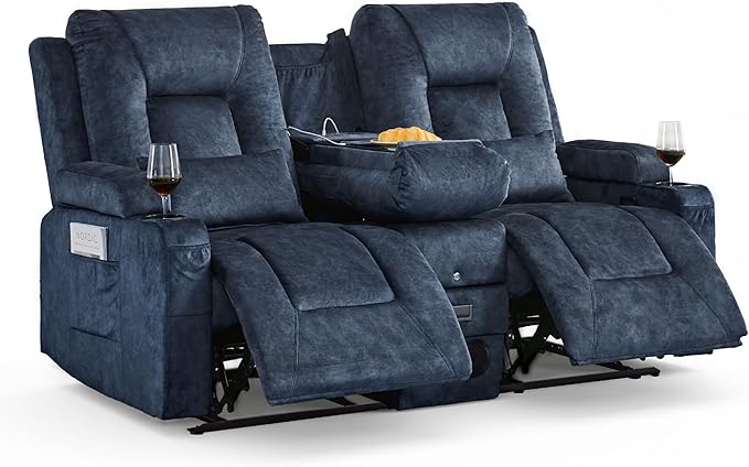 Houjud Manual Reclining Loveseat Sofa with Console Recliner Sofa RV Couch with Bluetooth Speakers USB Charging AC Outlets and Pillow for Home Theater Velvet Blue