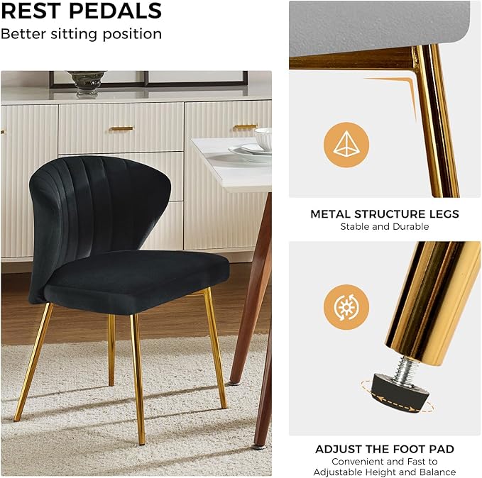 HULALA HOME Dining Chairs Set of 2 Velvet Upholstered Kitchen &amp Dining Room Chairs with Metal Legs Vanity Chair Armless Side Chairs for Living Room Bedroom Restaurant Channel Curved Backrest Bla