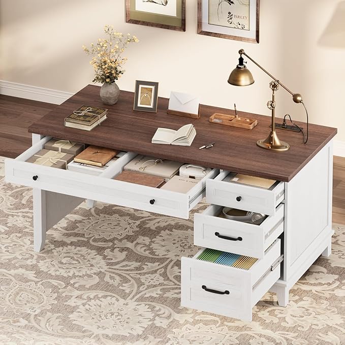 Farmhouse Home Office Desk with Power Outlets &amp USB Ports 53.5 Inch Writing Desk with Adjustable File Cabinet and Storage Drawers Executive Computer Desk for Study Workspace