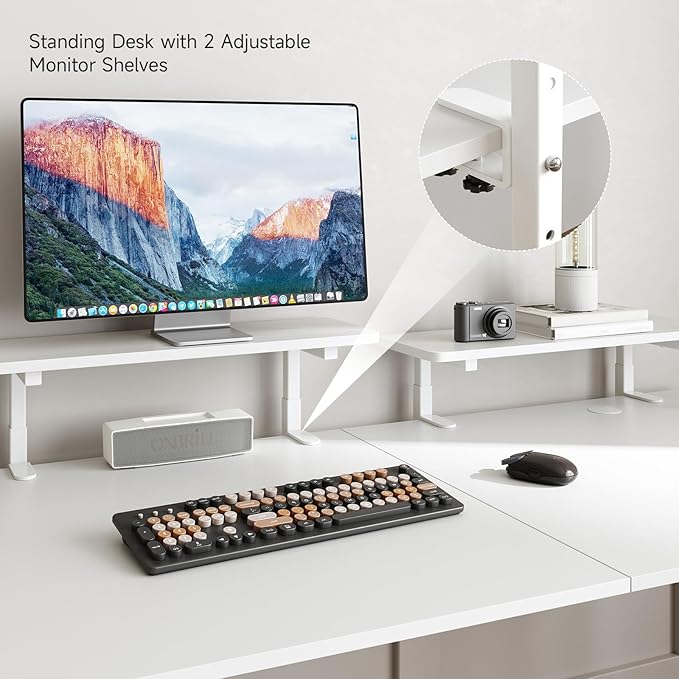 ONBRILL Standing Desk with 2 Adjustable Monitor Shelves 63 x 24 Inch Electric Stand Up Desk with Memory Controller and Adjustable Height from 28-46 inches for Computer Workstations All White