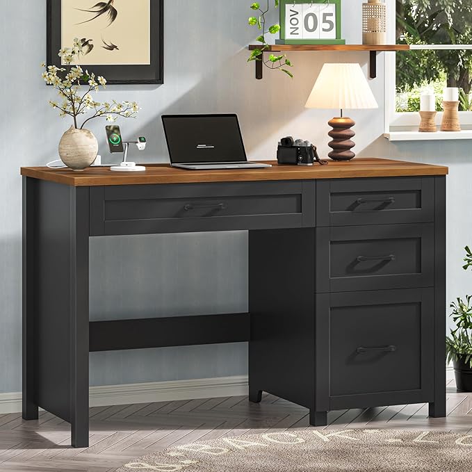 Farmhouse 47 Executive Desk with 4 Drawers Computer Desk with File Drawer and Charging Station Workstation for Home Office Study.Black Brown
