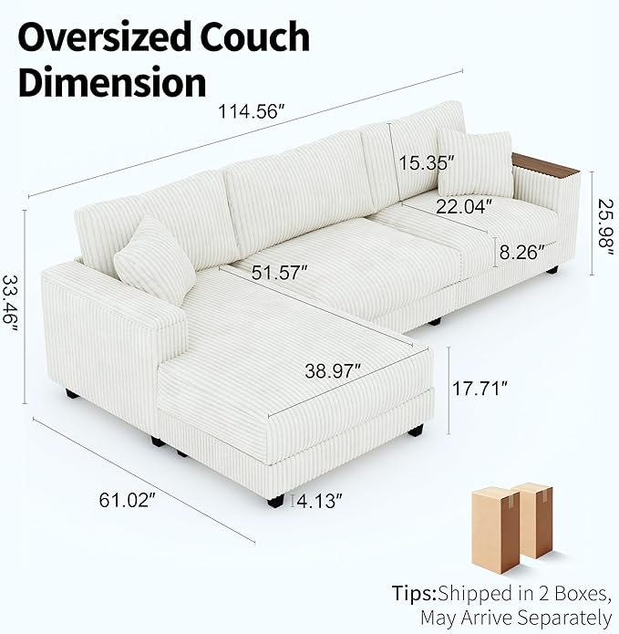 Modular Sectional Sofa 114.5 Convertible L Shaped Couch with Corduroy Fabric 3 Seater Corner Sleeper Sofa with Chaise Storage Armrests &amp 2 Pillows Modern Comfy Upholstered Couches for Living