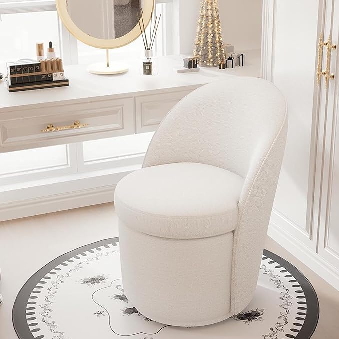 Rowill 360 Degree Swivel Vanity Chair with Back Modern Round Upholstered Accent Chairs Boucle Fabric for Living Room Reading Nook Makeup &amp Vanity Chair Easy Assembly White