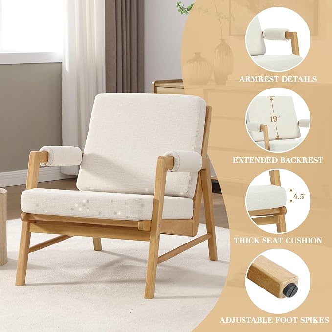 CIMOTA Mid Century Modern Accent Chair Set of 2 Linen Upholstered Living Room Chairs with Arms Comfy Reading Chair with Solid Wood Frame High Back for Bedroom Waiting Room Office Beige