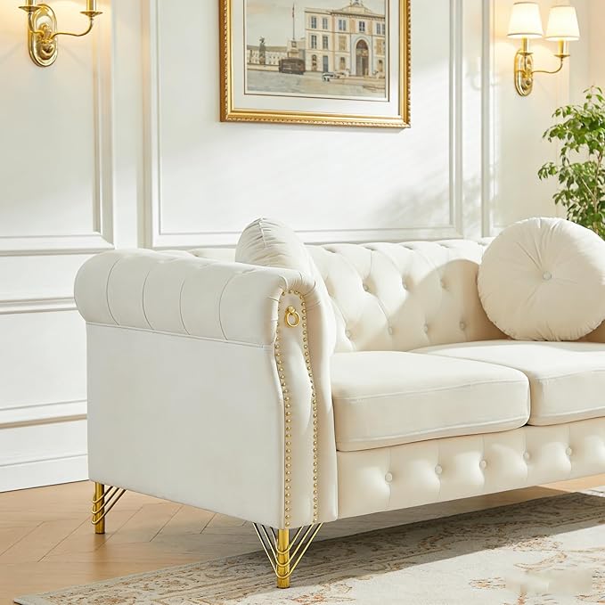 2 Pieces Chesterfield Sofa Set 2 &amp 3 Seater Comfy Tufted Velvet Couch with Rolled Arms &amp Pillows Mid Century Modern Couch and Loveseat Sets Retro Gold Couches Living Room Furniture (Beige)