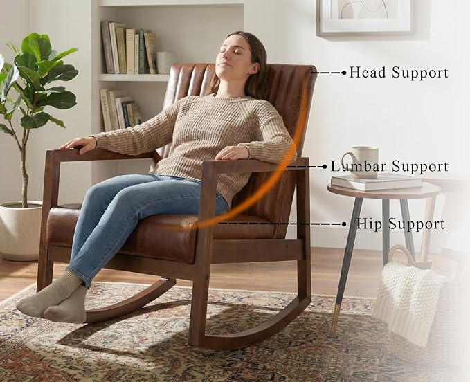 CIMOTA Leather Modern Rocking Chair Mid Century Armchair Upholstered Arm Chair with Padded Seat/Wood Frame Comfy Rocker for Living Room/Bedroom Retro Dark Brown PU