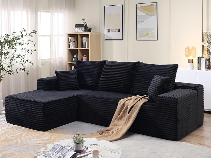 107 L-Shaped Cloud Couch with Pillows Modular Sectional Sofa with Chaise Comfy Corduroy 3-Seater Sofa with Deep-Seat for Living Room No Assembly Required (Black Left-Facing Chaise)