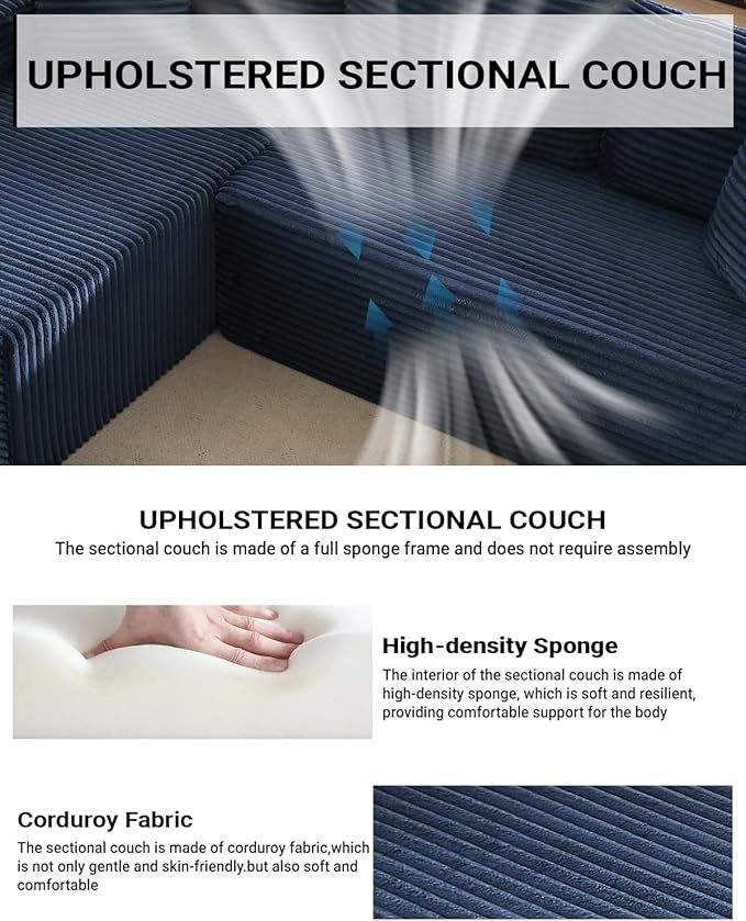 Cloud Sectional Couch 105 Inch Modular Sectional Sofa with Deep Seat Corduroy Boneless Couches with L-Shape Chaise for Living Room Bedroom Left Facing Chaise No Assembly Required (Blue)