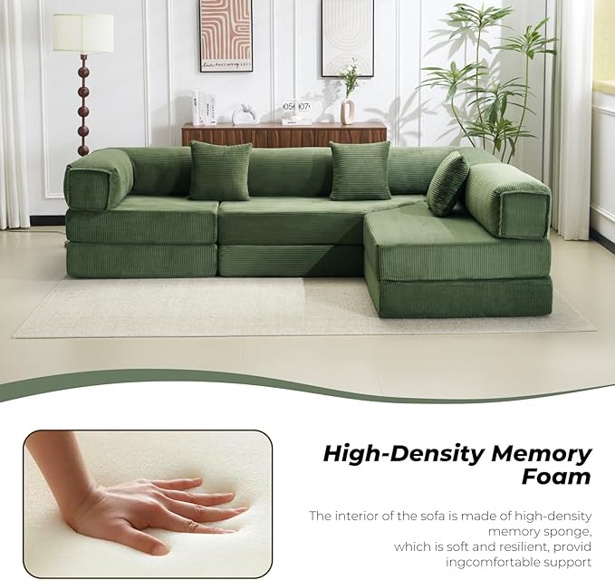 Furnimart 108 Convertible L-Shape Sofa with Cylindrical Pillow Comfy Foldable Compressed Sofa Bed Boneless Floor Sofa Lounge Couch for Living Room Bedroom No Assembly Required Green