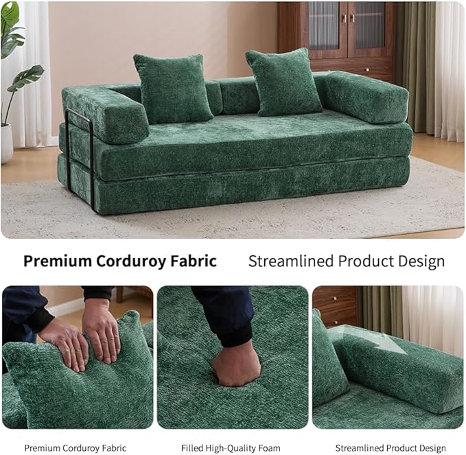 Convertible Sleeper Sofa Bed with Fixed-Shape Frame Floor Sofa Lounge Couch with Cylindrical Pillow Chenille Folding Mattress Couch for Living Room Bedroom-Dark Green